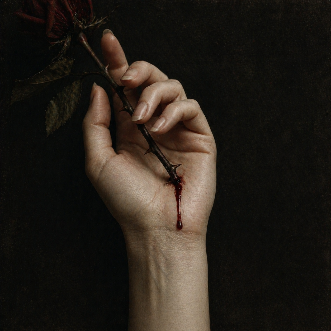 Hand mit Dornenrose — ein Tropfen