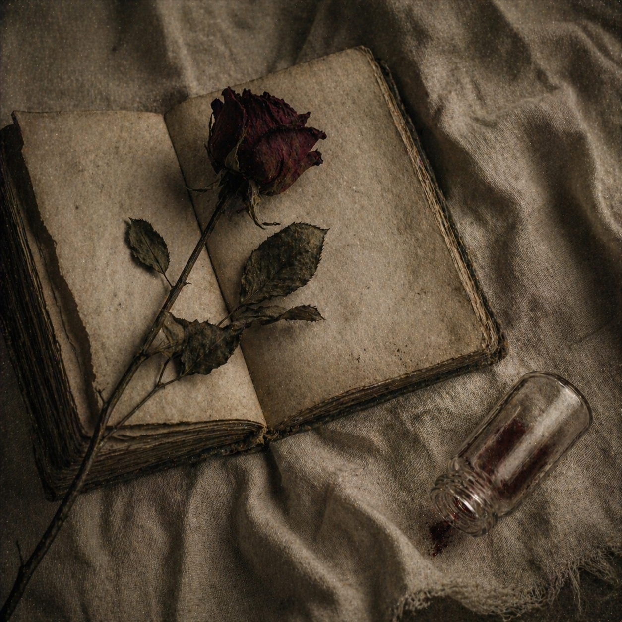 Buch, Rose, leere Phiole