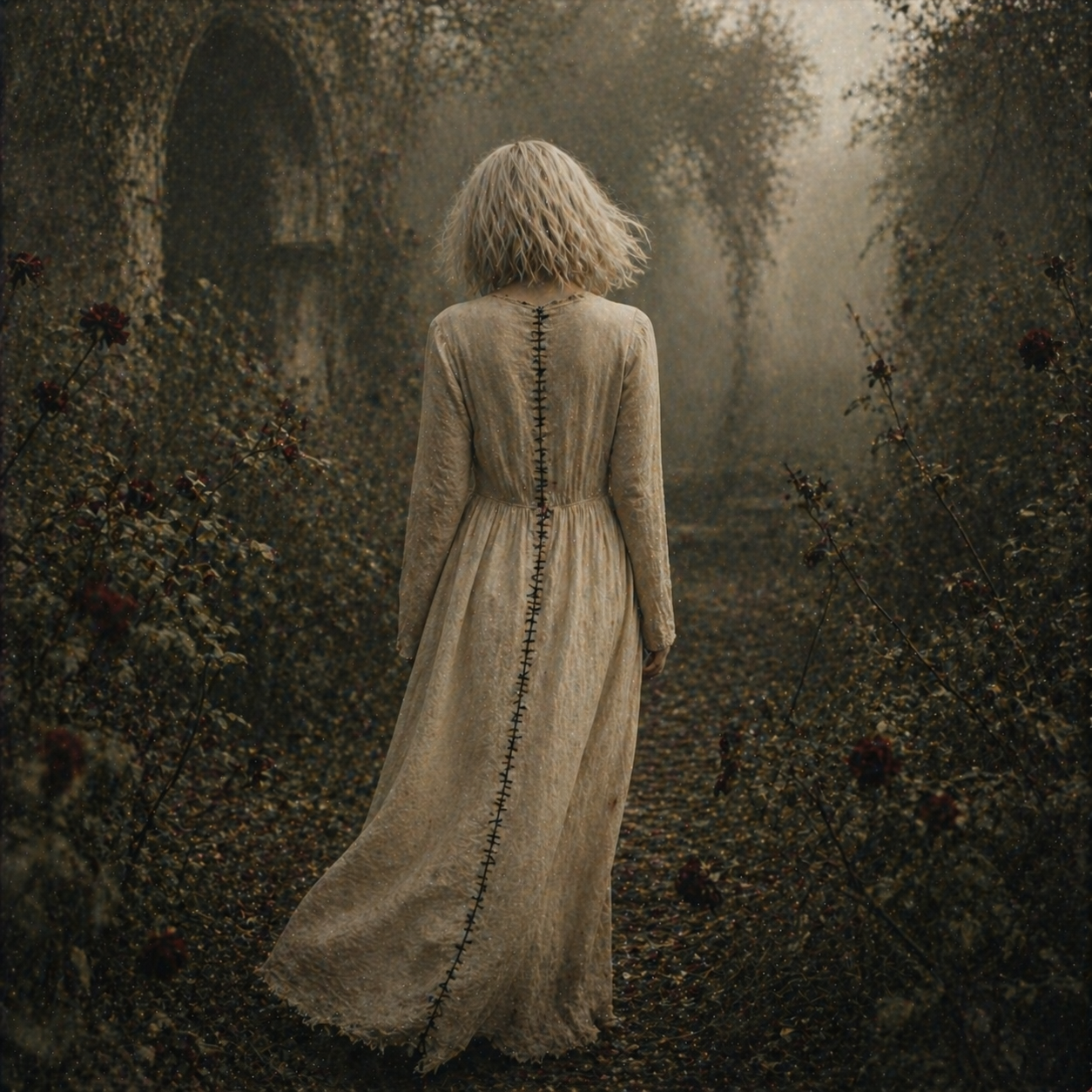 Figure walking — back, stitched seam